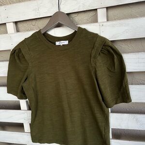 FRAME Fatigue Women's Green Pleated Puff Sleeve Crew Neck Shirt Top Size M